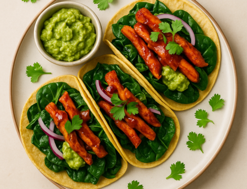 Tacos de Espinacas y Pollo BBQ con Guacamole y Cilantro