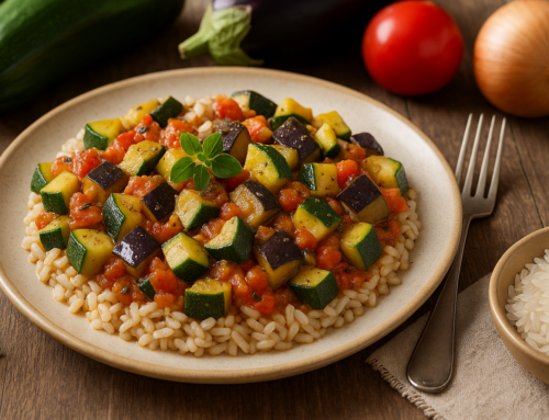 Salteado mediterráneo con arroz JSendra y verduras ecológicas